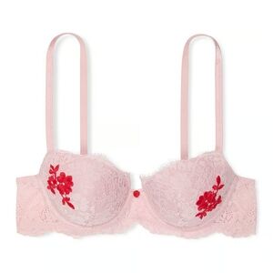 Victoria's Secret Pink and Red Lace Bra Lightly Lined 34B